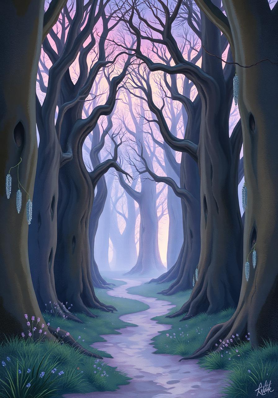 A mist-filled enchanted forest with a silver path winding between ancient trees